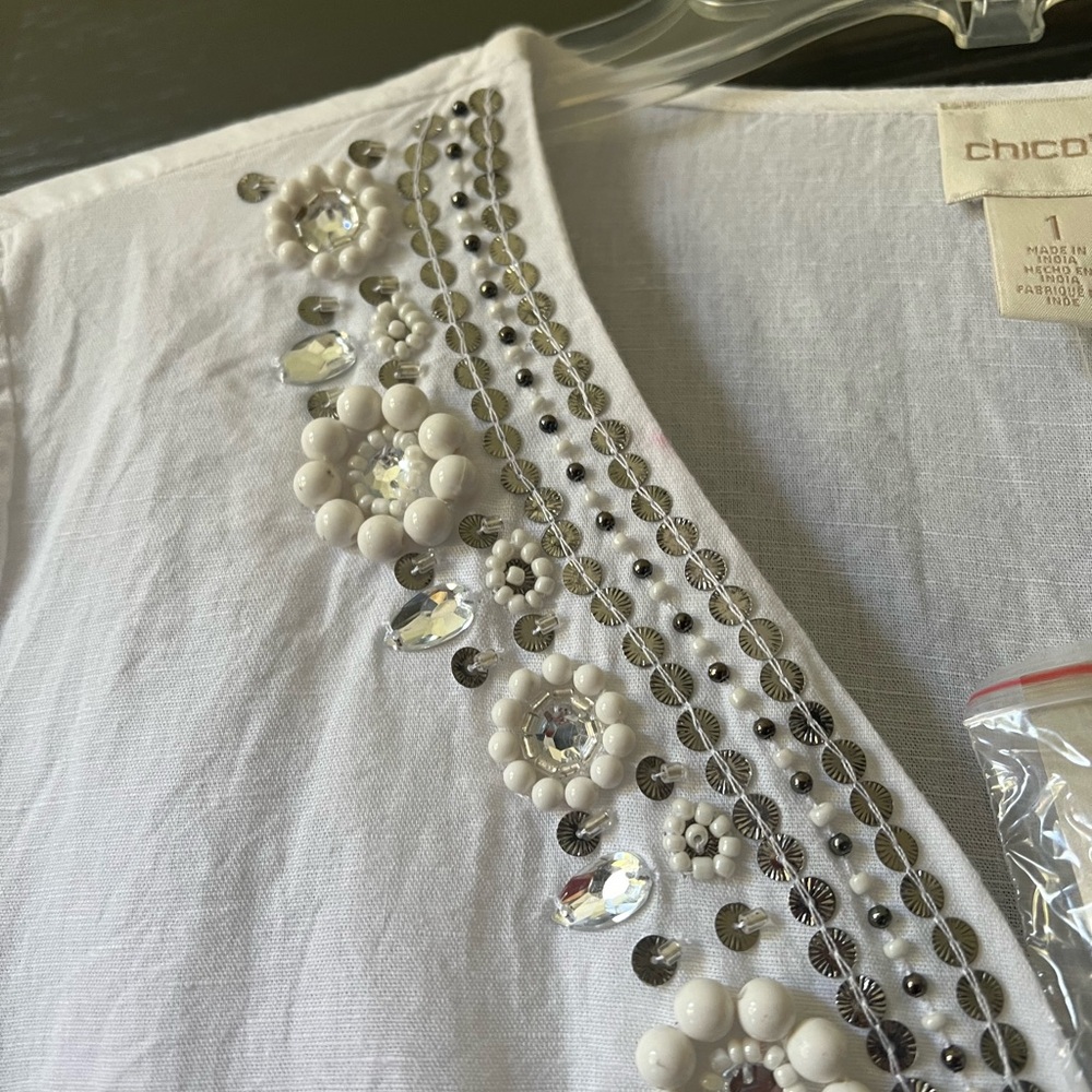 Chico's White Embellished V-Neck Top - Picture 3 of 9